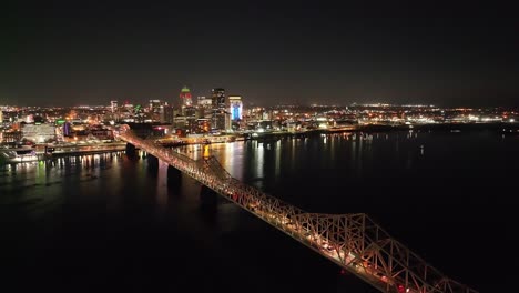 louisville, kentucky skyline at night with bridge in foreground with stable drone video