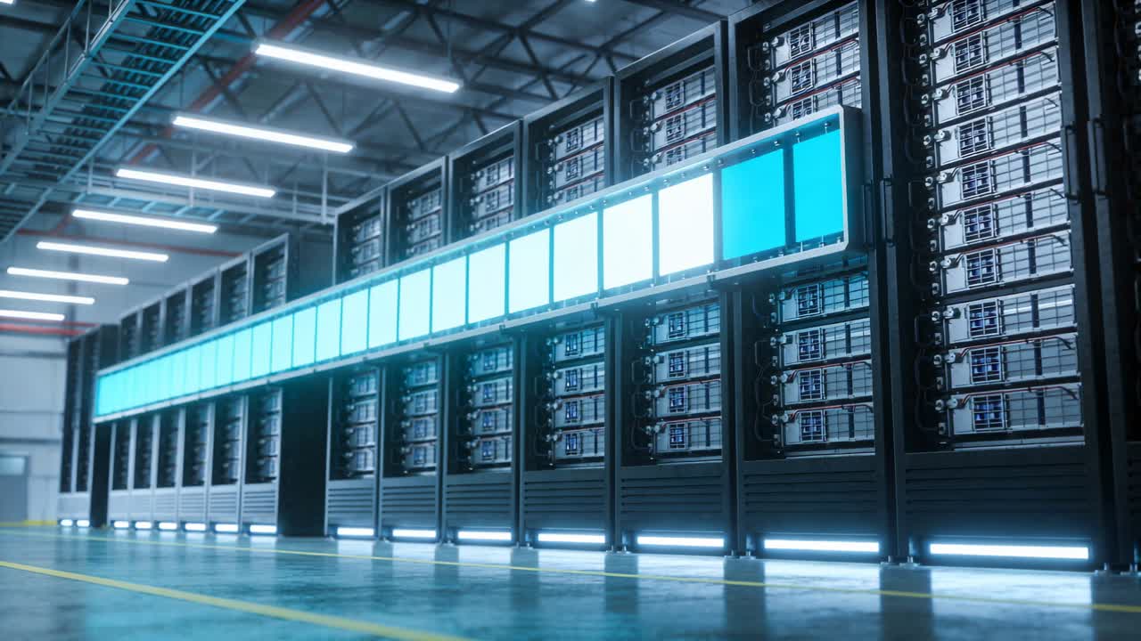 Panorerende kamera inspicerer en række serverracks i en datacentergang, cyan LED-bånd pulserer