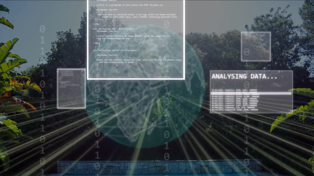 Turkis globus falmer og roterer, sender ut stråler som danner paneler som analyserer data, krymper til venstre og avslører et basseng.