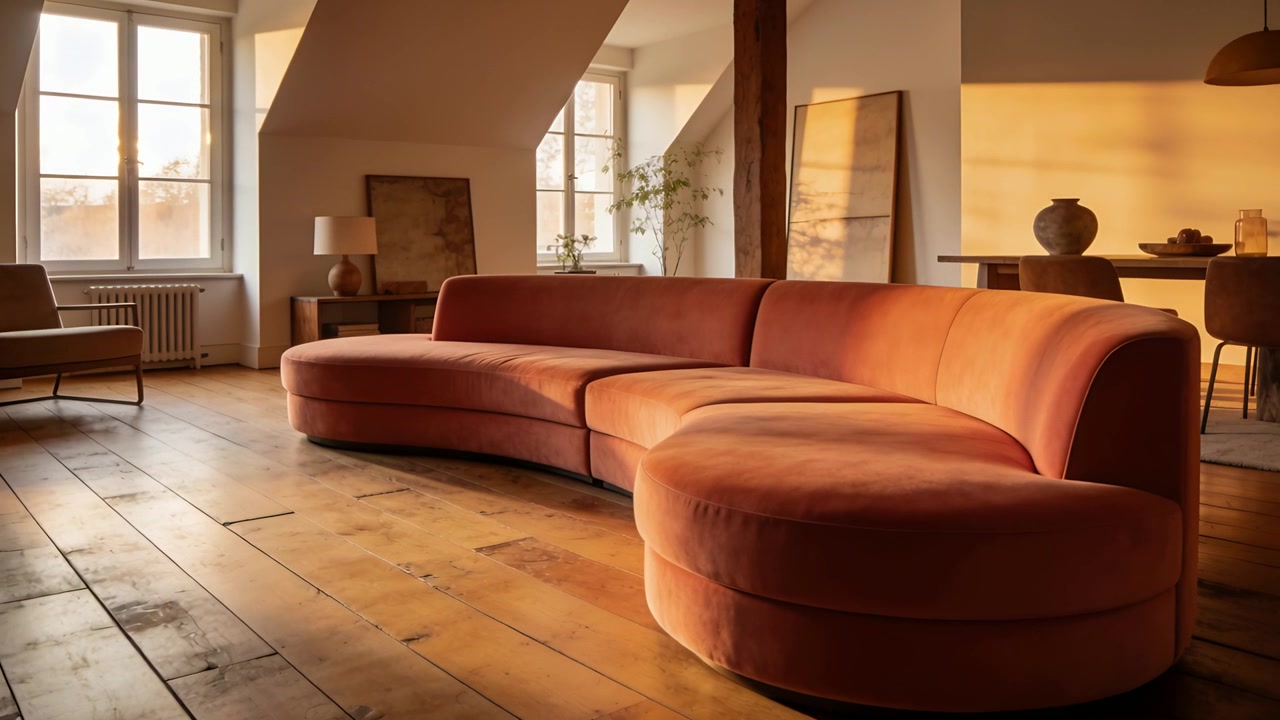 Sich bewegende Kamera aus niedriger Perspektive enthüllt geschwungenes Terrakotta-Sofa im Loft, Sonnenlicht erhellt den Boden.
