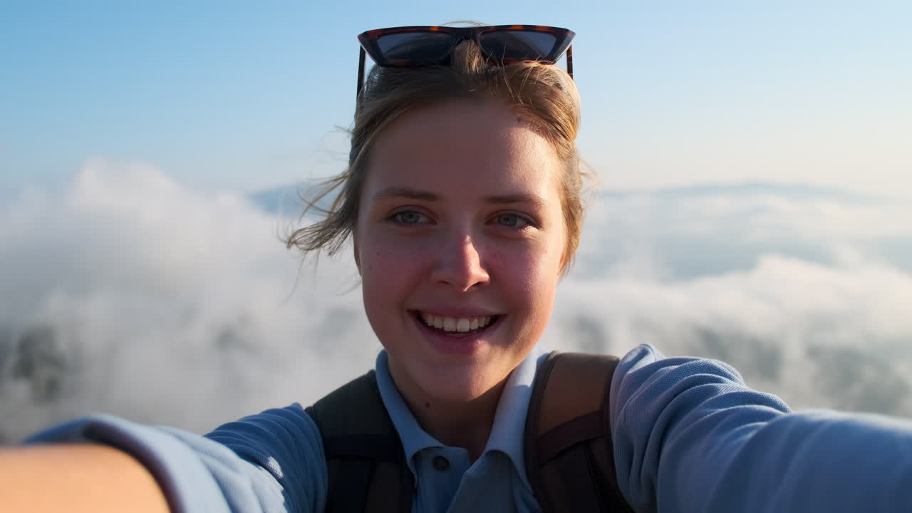 mujer tomando una selfie en la cima de una montaña