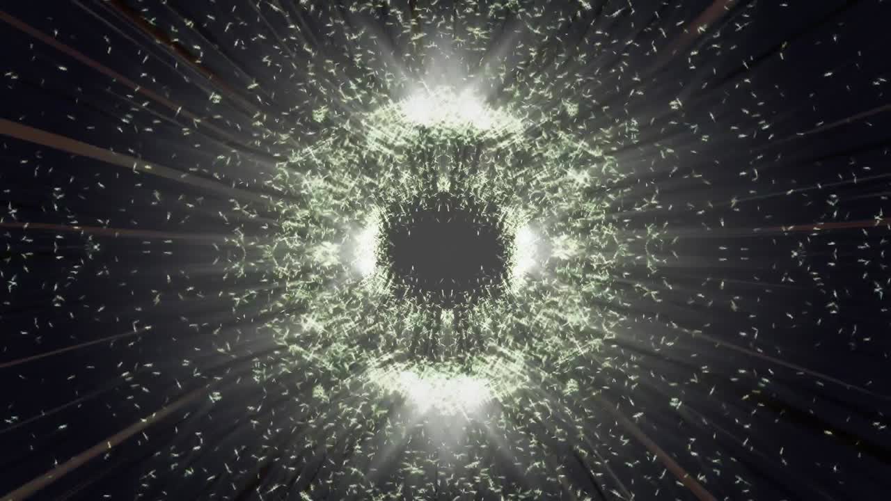 Animation of glowing white particles moving together in circular motion on black background