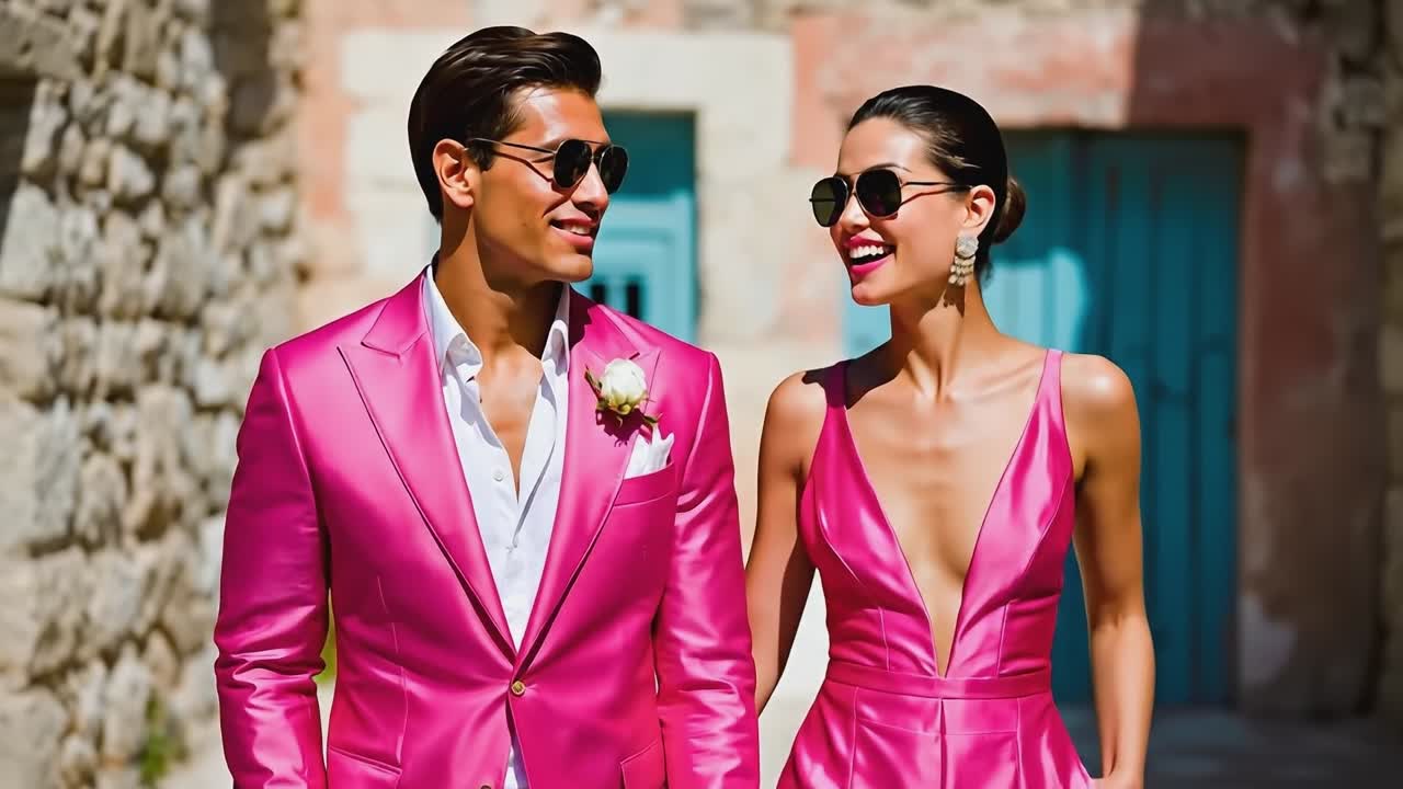 A man and a woman in a pink suit and sunglasses