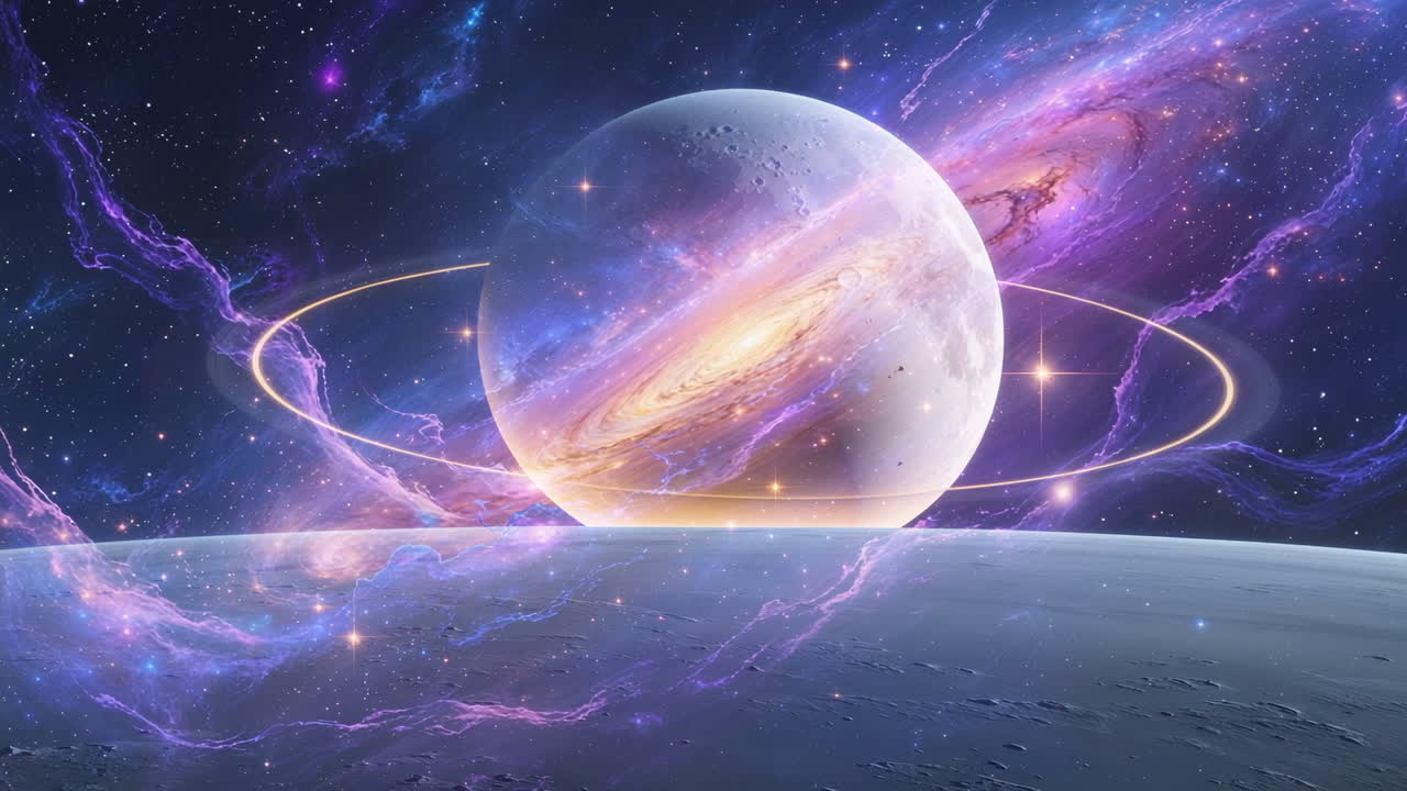 Vibrant Cosmic Planet with Rings Reflected in Space