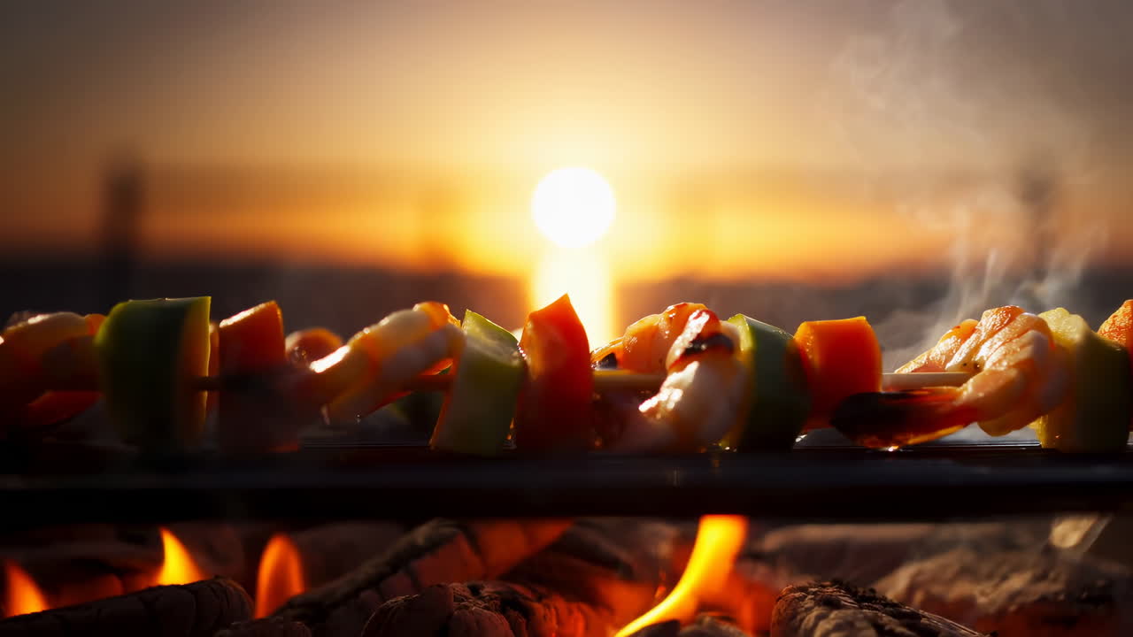 Sizzling Skewers On Grill Sunset, Shrimp And Pepper Medley, Glowing Coals, Smoke Tendrils, Warm Golden Glow,