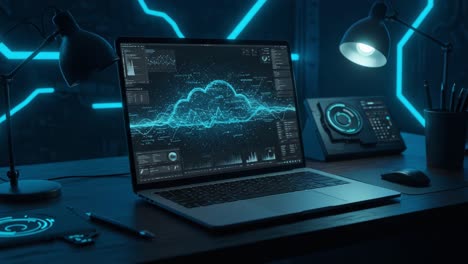 futuristic workspace with data visualization: a sleek laptop and analyzing tools displaying cloud and waveforms in a high-tech environment