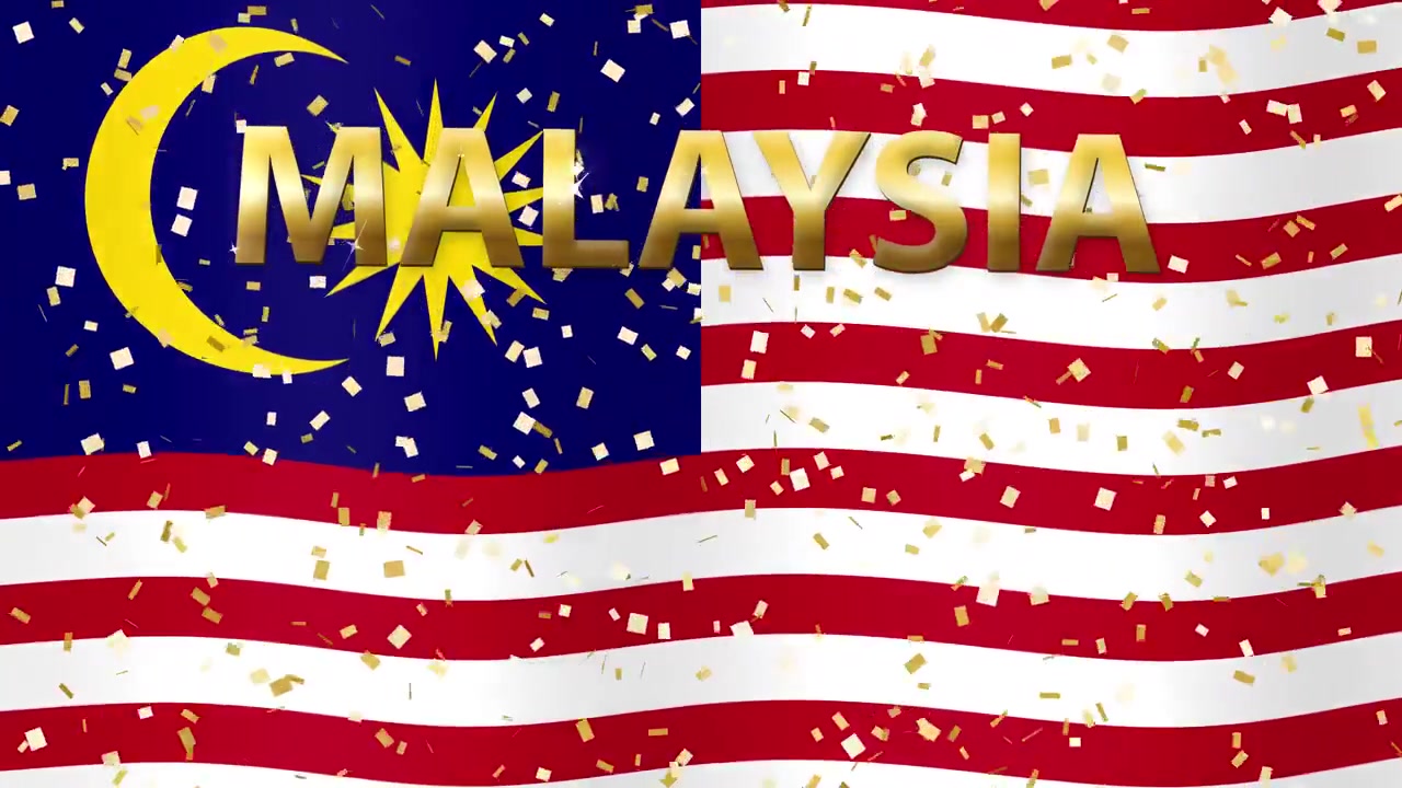 Bandiera della Malesia che sventola con coriandoli dorati che cadono