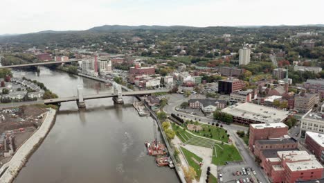 aerial perspective over downtown troy new york on the hudson river