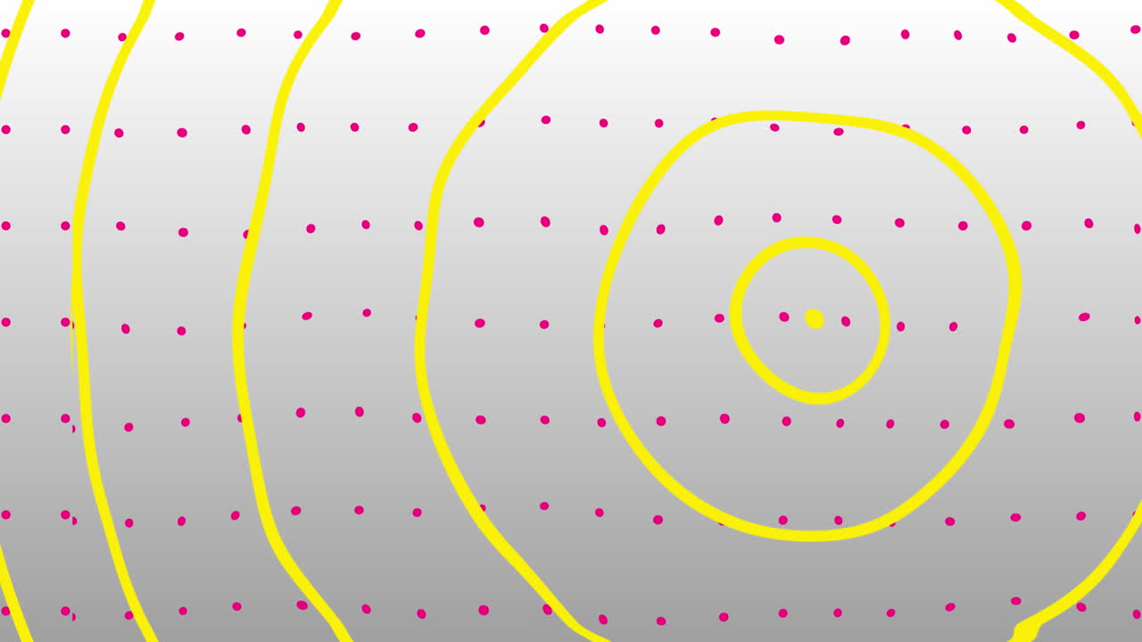 핑크색 점과 함께  ⁇ 색 배경에 움직이는 손으로 그려진 노란색 동심 원의 애니메이션