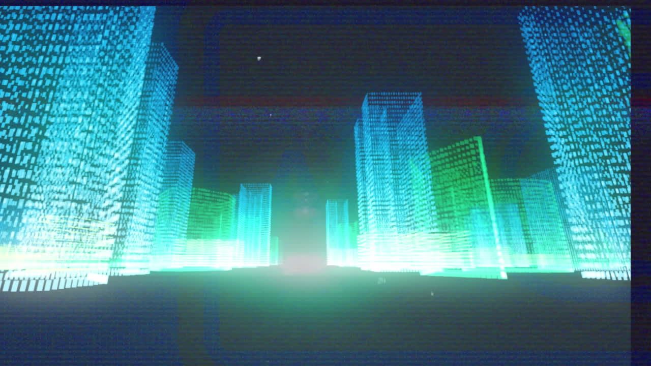 파란색 배경에 디지털 도시에 대한 간섭의 애니메이션