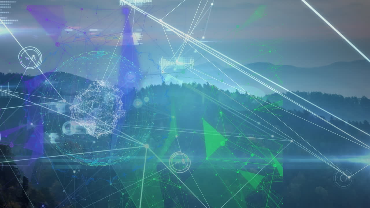 Animation of globe of network of connections and plexus networks against landscape with mountains