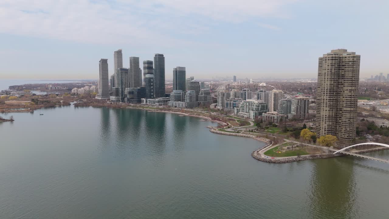 City Views Along Humber Bay In Lake Ontario South of Toronto, Ontario, Canada. Aerial Drone Shot