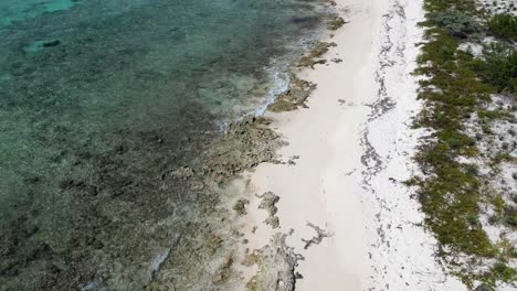 Imágenes-De-Drones-Se-Inclinan-Lentamente-Hacia-Arriba-Para-Revelar-Olas-Rompiendo-Sobre-Un-Arrecife-De-Coral-En-Un-Hermoso-Océano-Tropical-Con-Huellas-En-La-Arena-De-La-Playa-En-Las-Islas-Caimán-En-El-Caribe