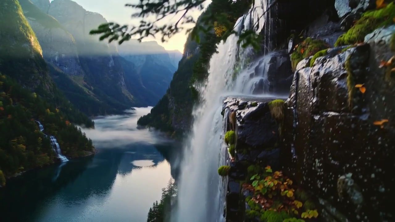 Ramo che si muove nell'inquadratura, la telecamera panoramica rivela una cascata che scende da una scogliera muschiosa, con spazio per il testo.