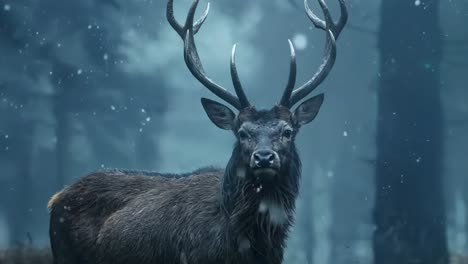 a deer standing in the middle of a forest in the snow