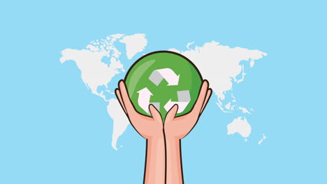 eco friendly environmental animation with hands lifting recycle symbol