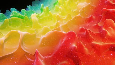 smooth abstract animation of liquid gradient rainbow color in 4k. bright matte paint surface as abstract looped festive background. glitters on viscous liquid with 3d splashes on surface like drops.