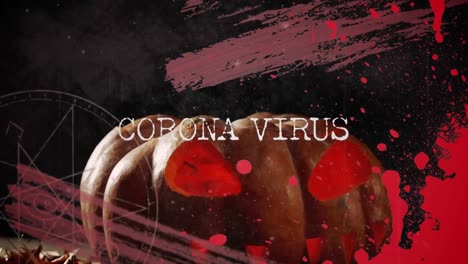 animation of corona virus text and halloween pumpkins on distressed black background