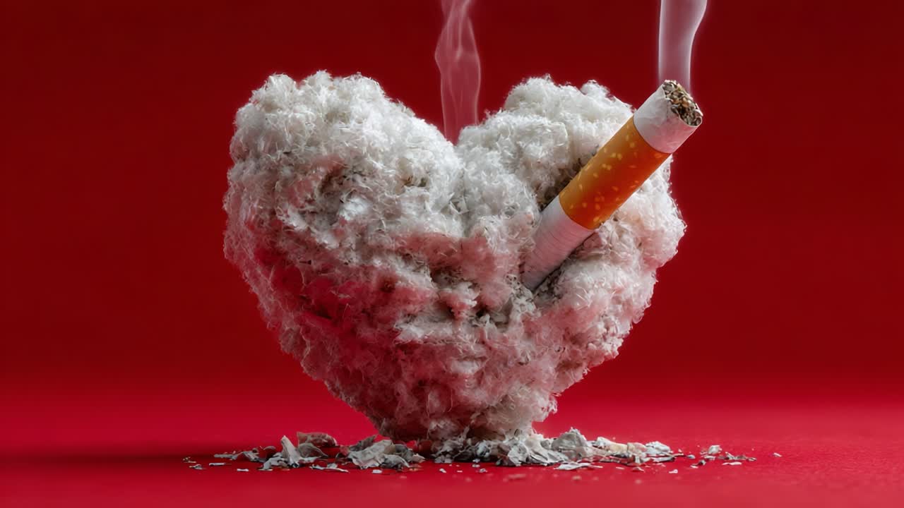 A Creative Representation of a Heart Made of Fluff and Smoke, with a Cigarette Embedded, Symbolizing the Struggle Between Love and Harmful Habits