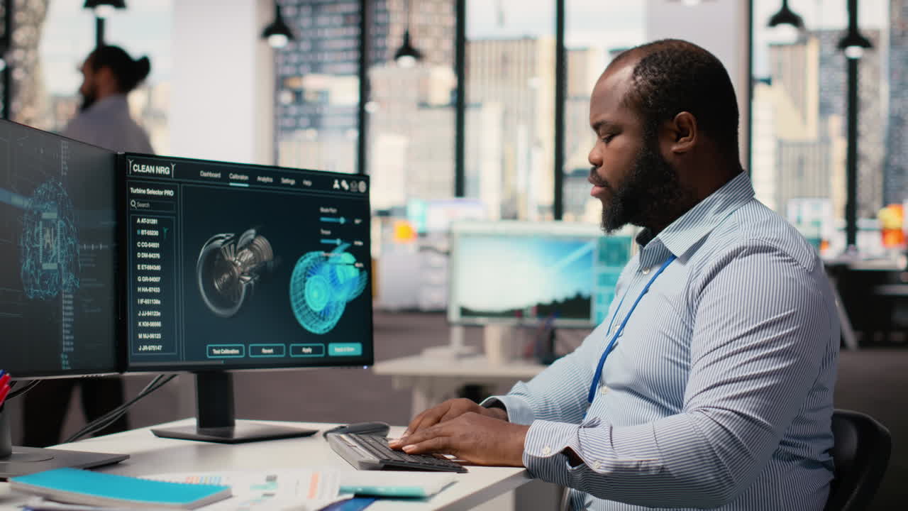 Engineer Works On Wind Turbine Simulation Using Artificial Intelligence