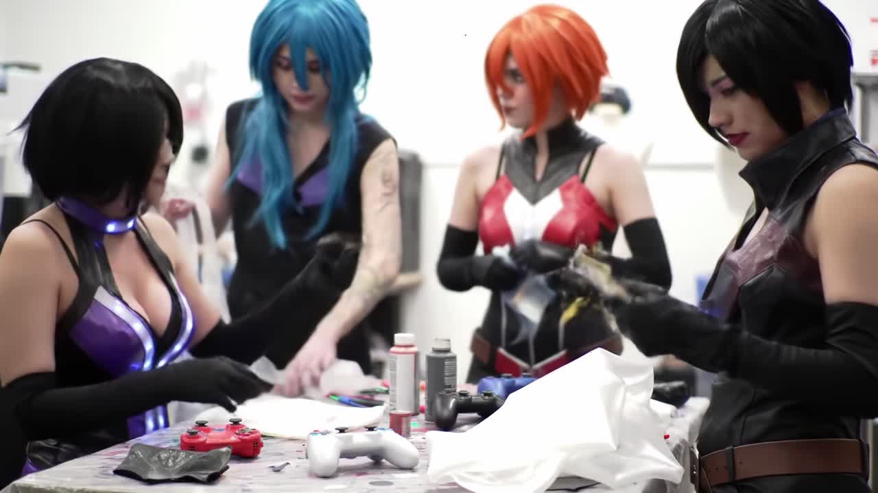 Creative Crafting Session: A Group of Cosplayers Collaborate to Design and Customize Costumes with Paint and Accessories Amidst a Vibrant Atmosphere
