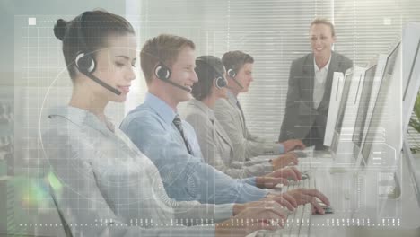 Animation-of-digital-interface-over-business-people-using-phone-headsets