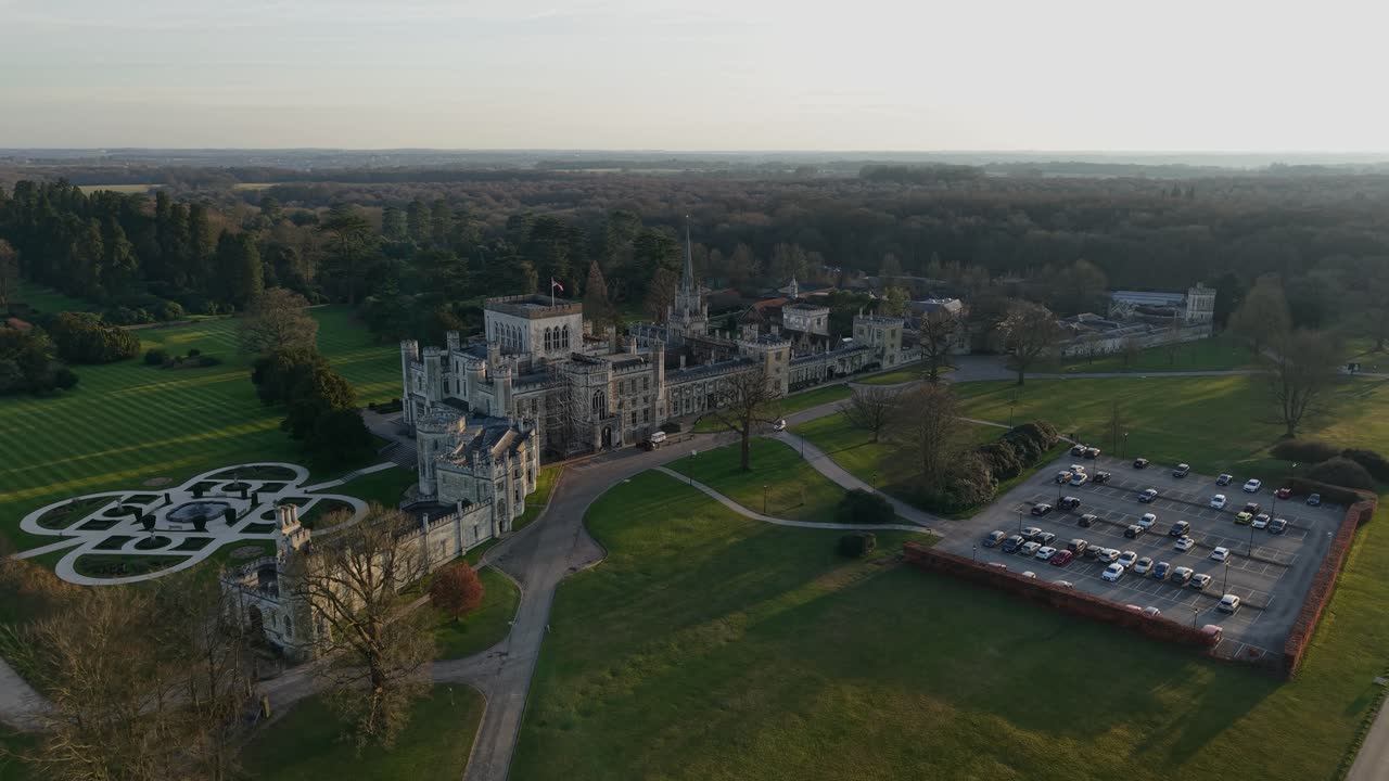 Scenic aerial view of Ashridge House, Hertfordshire, UK at sunset
