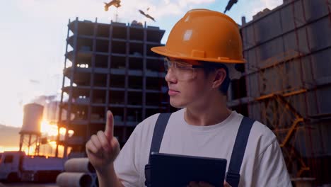 trabajador asiático usando una tableta y apuntando hacia un lado en el sitio de construcción