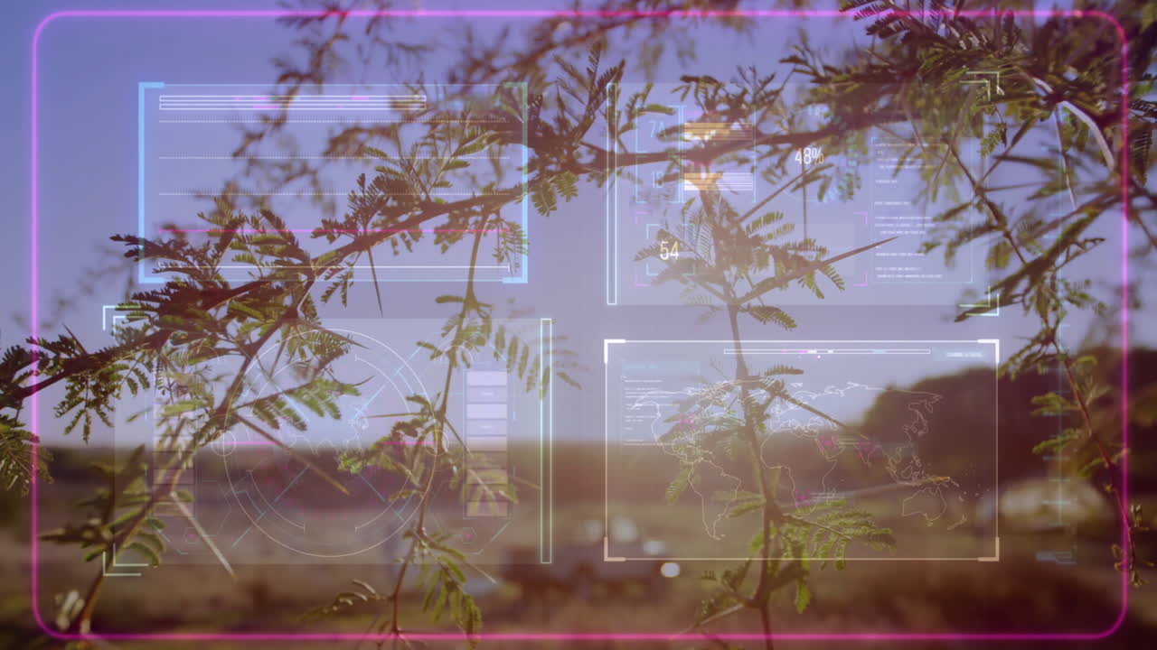 Branches bearing green leaves floating through HUD with scanning frames, graphs, radar, world map