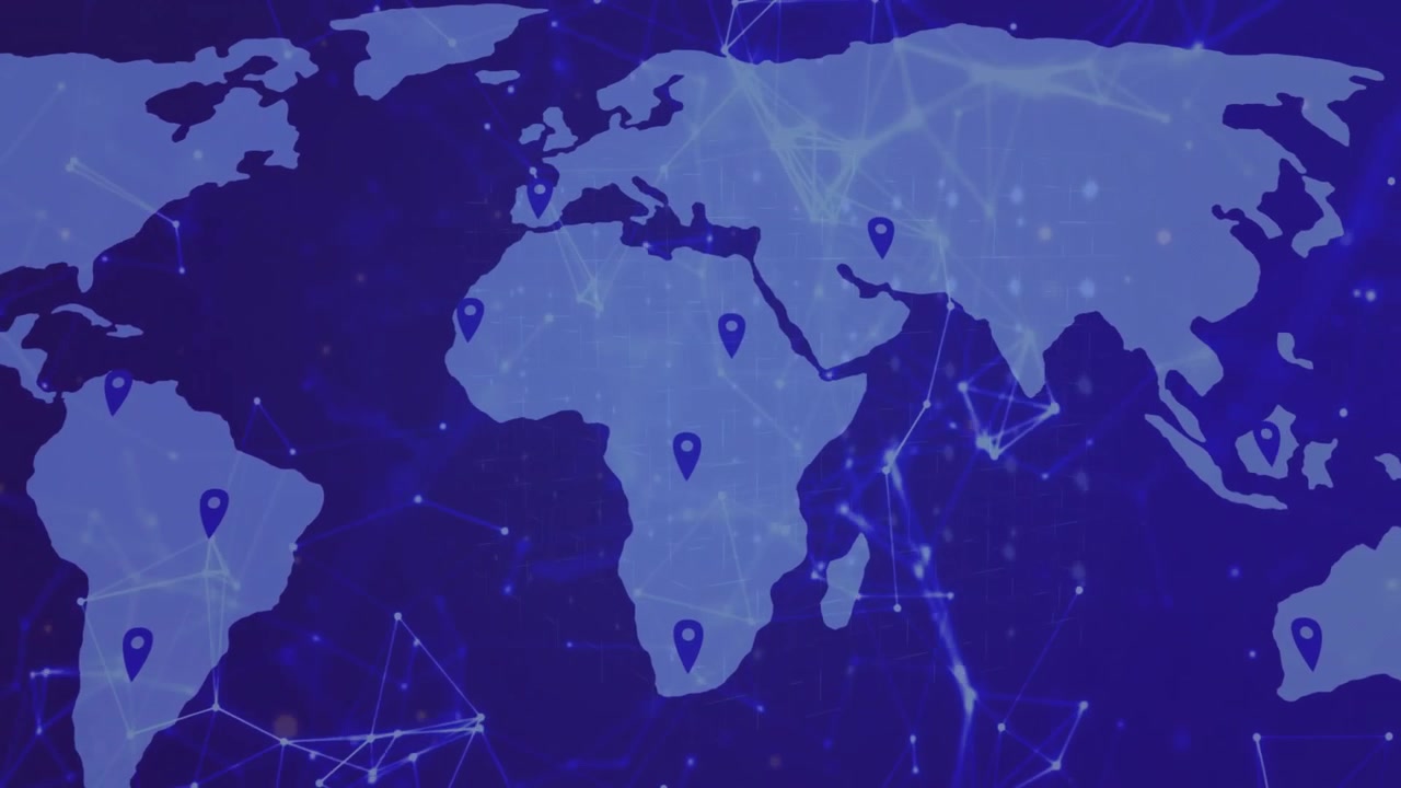 Soft blur sharpening into map shape, map emitting pins and linking regions, visualizing network