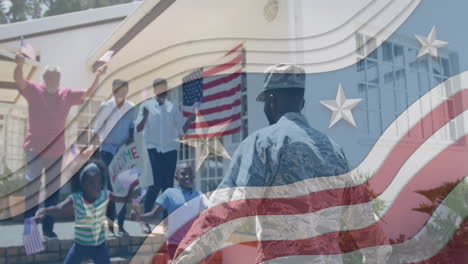 animation of flag of united states of america waving over african american family welcoming soldier