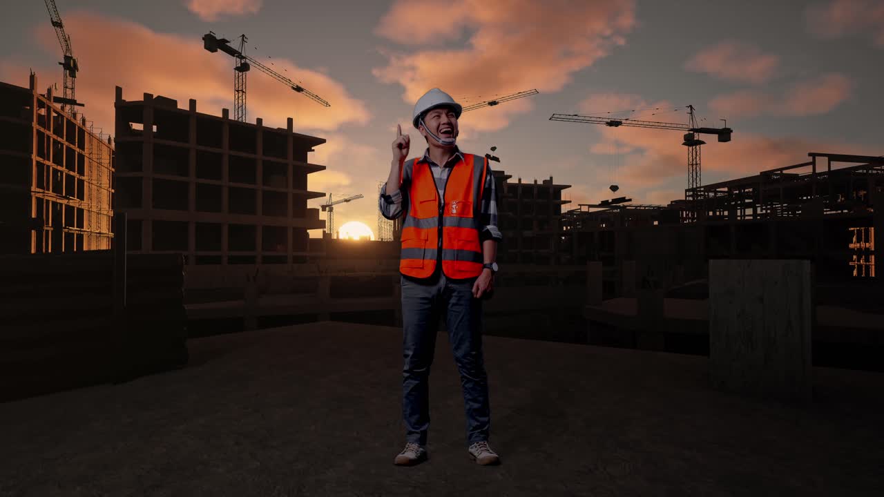 Full Body Of Asian Male Engineer With Safety Helmet Thinking And Looking Around Then Raising His Index Finger While Standing At Building & Construction Site in Progress to New House