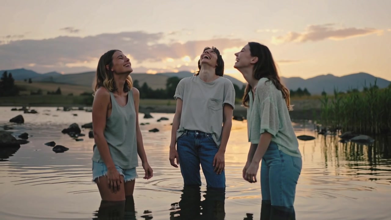 Un trio che chiacchiera si anima, ridendo e schizzando nel lago al tramonto, indossando abiti casual.