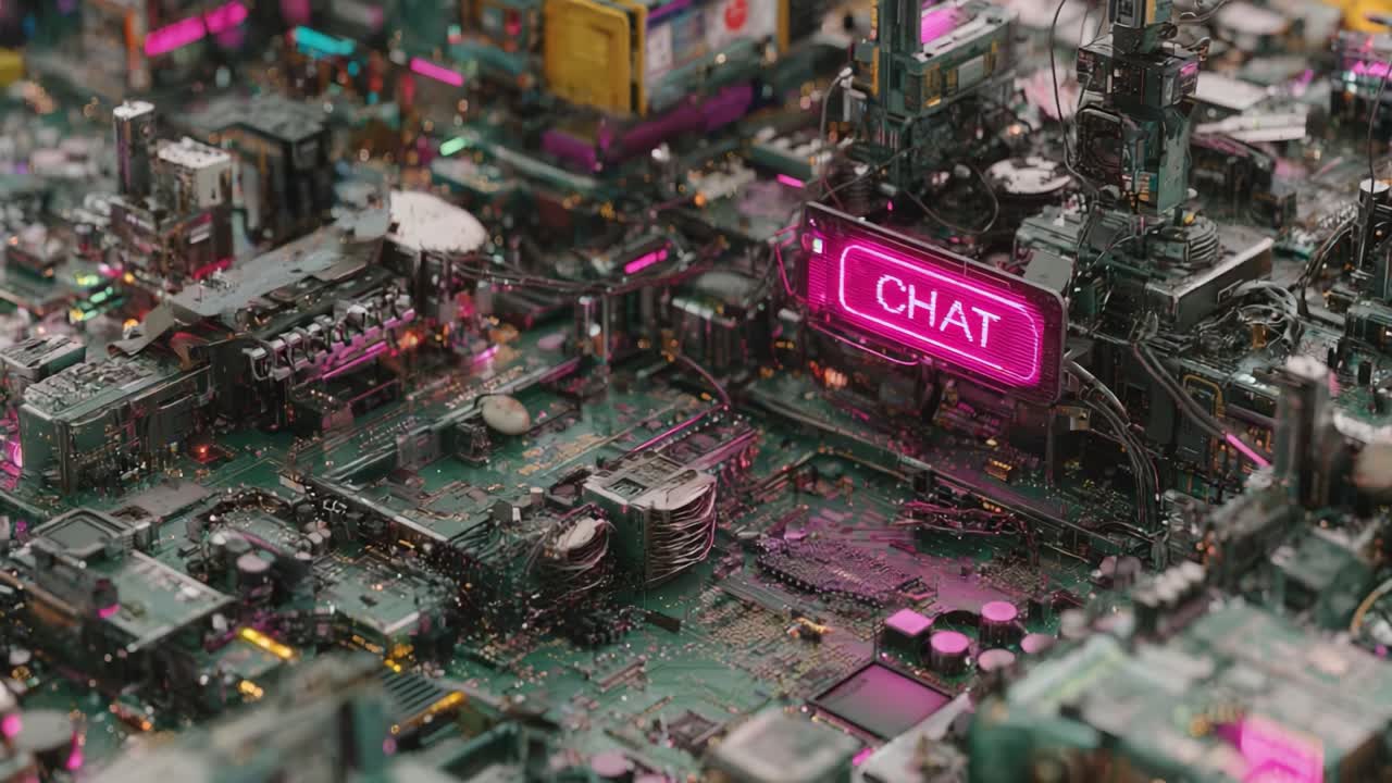 A Close-Up View of a Dense Circuit Board Landscape Incorporating Vibrant Pink 'CHAT' Signage Amidst Complex Electronic Components