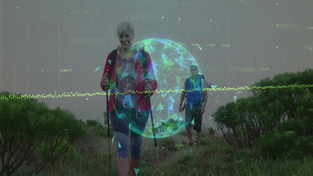 Inquadratura che mostra una donna che percorre un sentiero con un globo 3D e un'onda audio sovrapposti per la tecnologia di mappatura.
