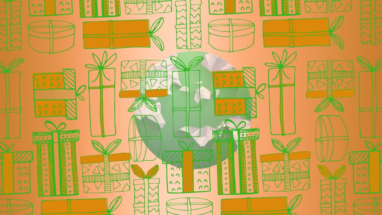 오렌지색 배경에 전 세계에 있는 선물들의 애니메이션