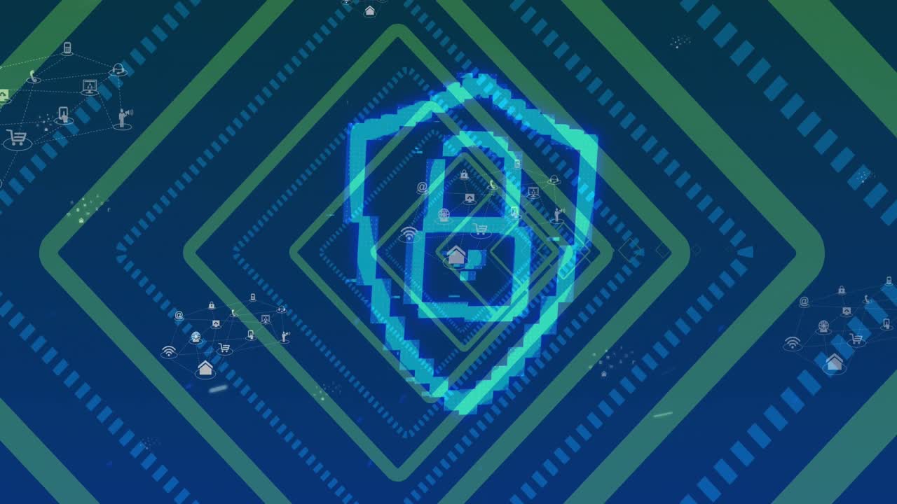 Animation of padlock icon over shapes on black background