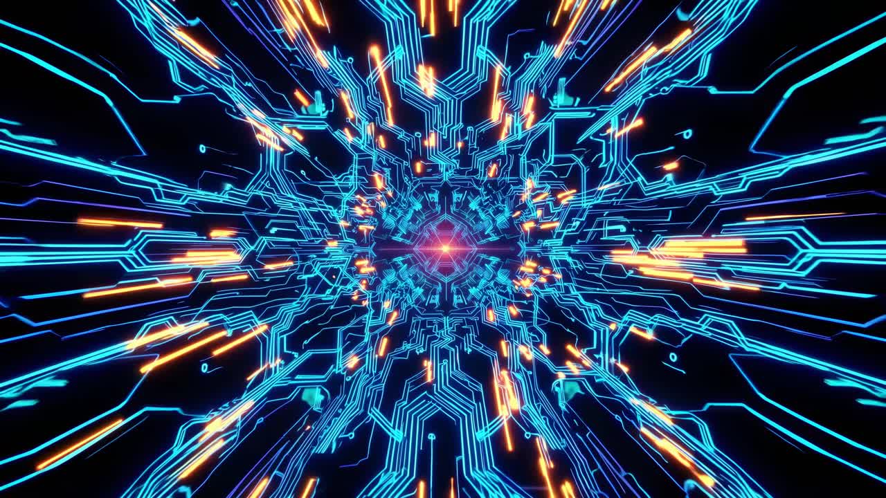 Abstract Cyberpunk Circuit Board Tunnel Visuals