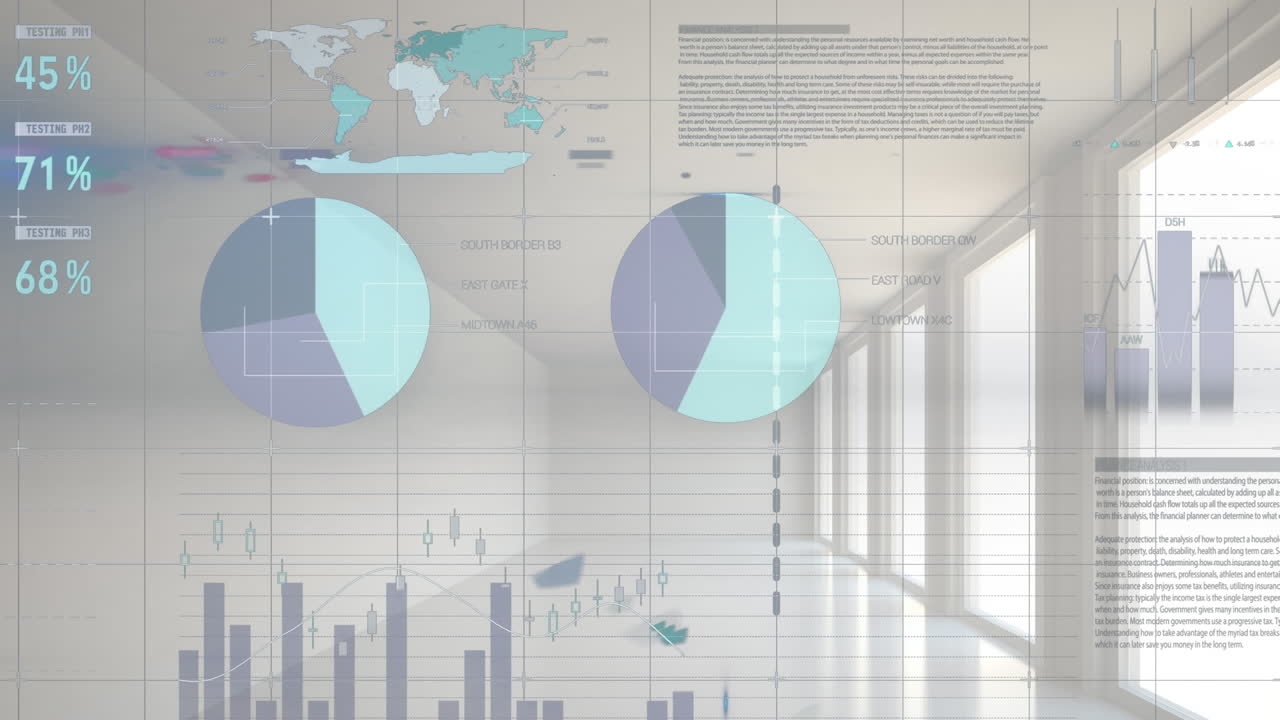 animación del procesamiento de datos estadísticos a través de la red de red contra el corredor de oficinas vacío