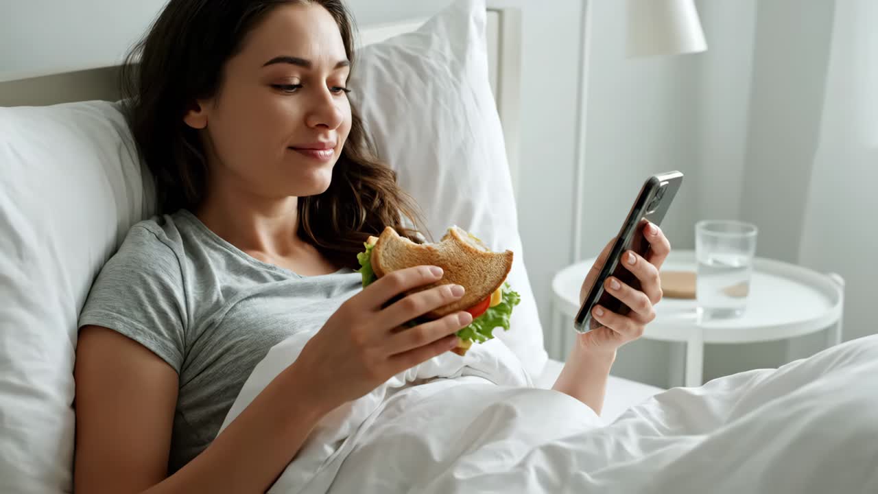 Woman eating sandwich and using phone in bed