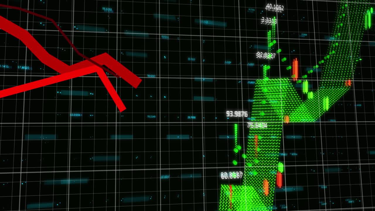 animación del procesamiento de datos estadísticos y financieros a través de la red de red contra un fondo negro.