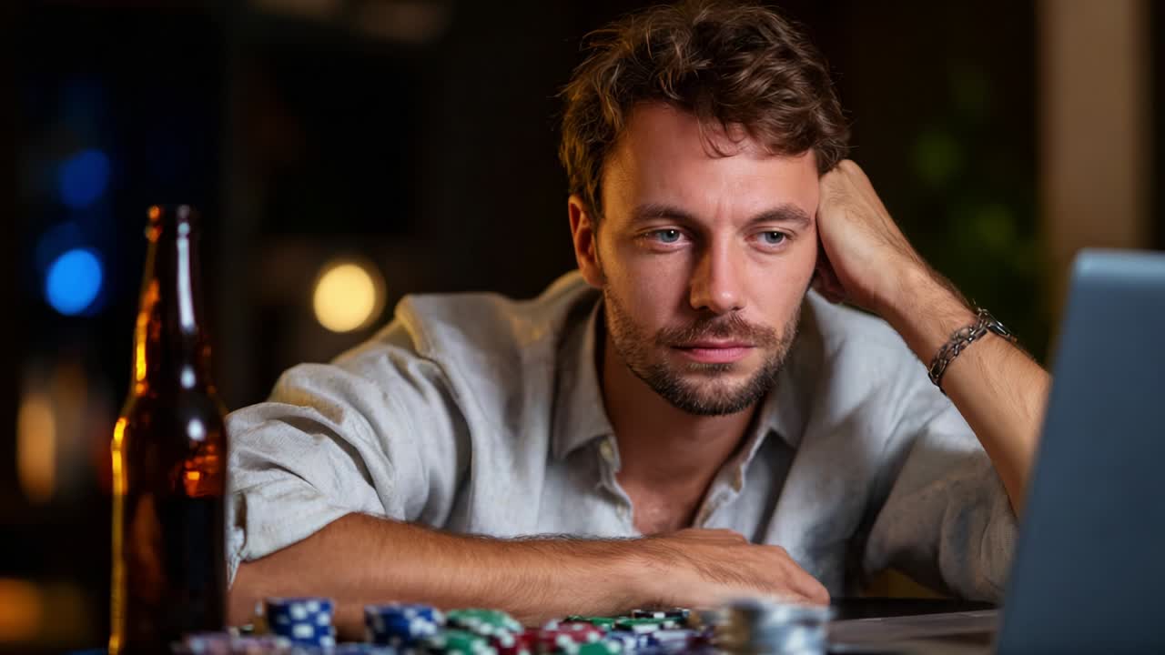 A contemplative moment captured in time, featuring a focused man at a poker table, surrounded by scattered chips and a bottle, showing the intensity of online gambling and the emotions tied to chance