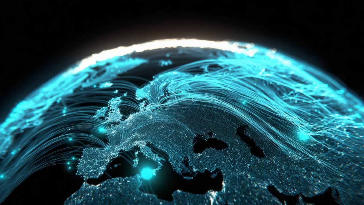Futuristic animation showing glowing digital data streams connecting major cities across Europe, representing the global internet network, technology, and worldwide communication infrastructure