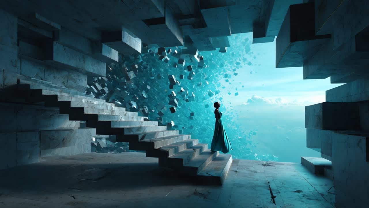 A surreal and captivating scene unfolds as a figure stands on a stairway in a stunning, abstract environment, surrounded by floating geometric shapes against a serene sky backdrop