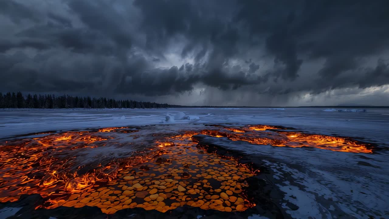 After glow rising camera moving over frozen lake showing glowing methane bubbles under storm clouds