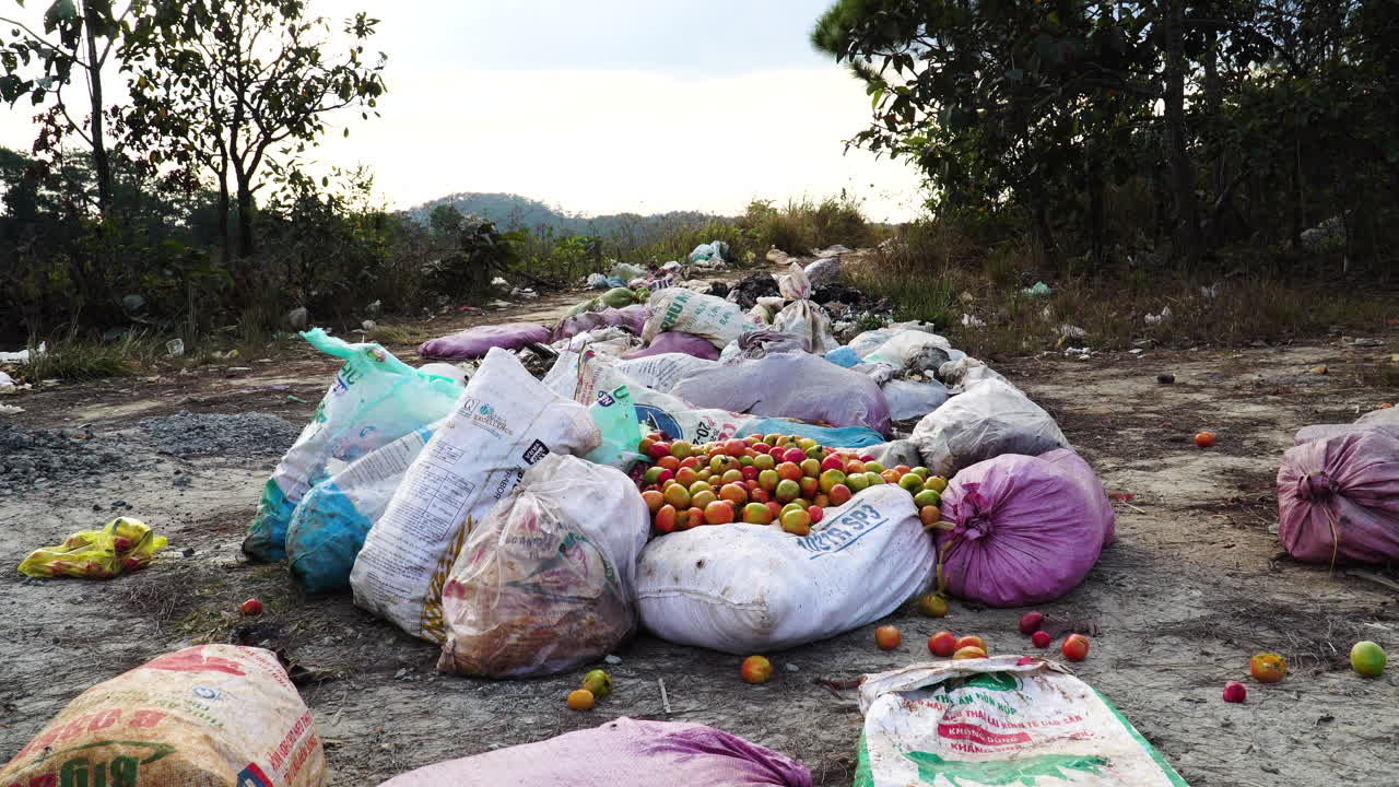 desperdicio de alimentos de tomates asiáticos en una gran bolsa de plástico