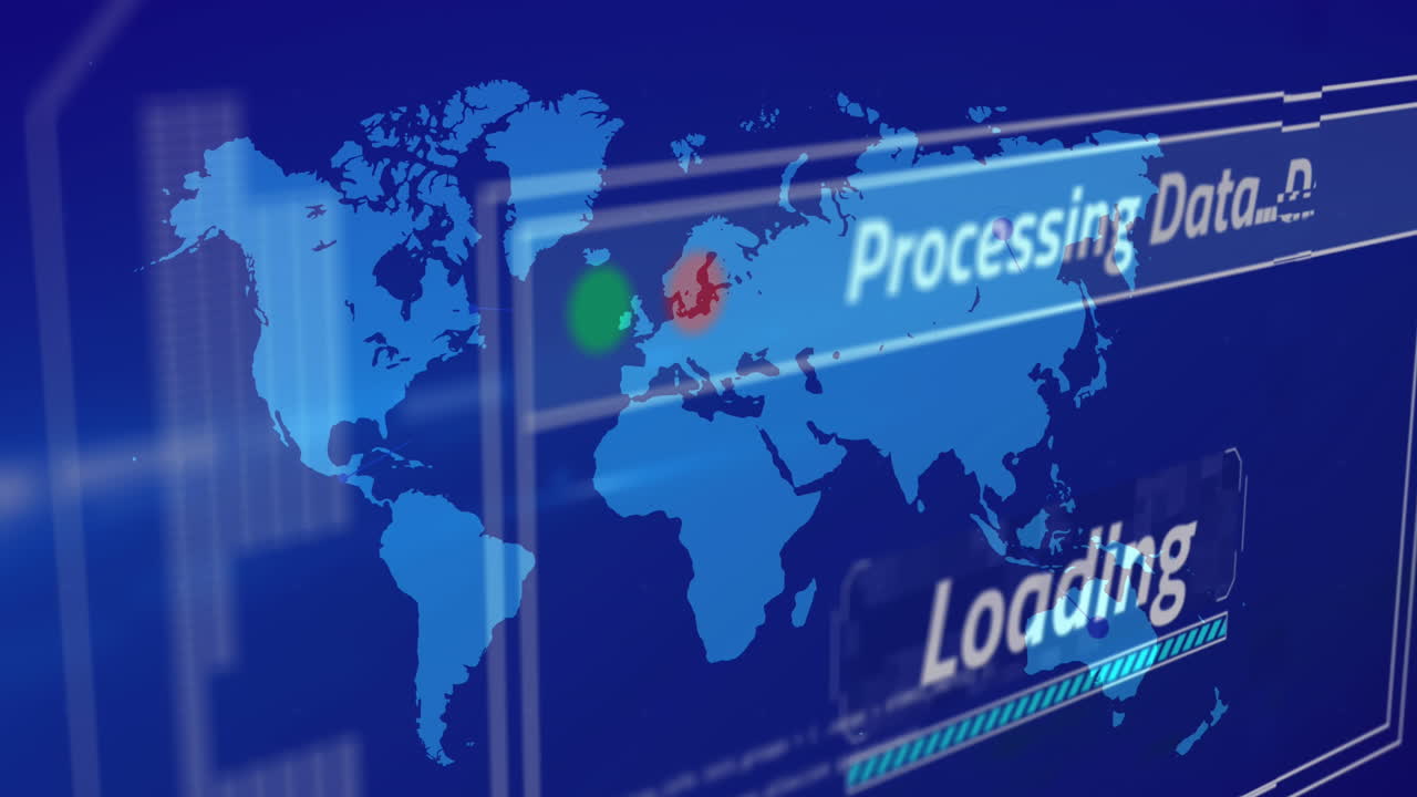 파란색 배경의 세계 지도 위의 데이터 처리 애니메이션