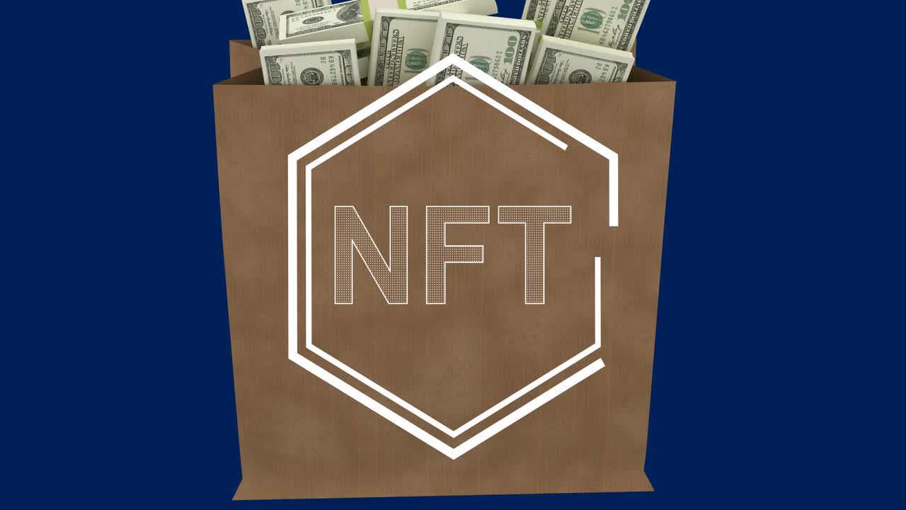 Animation of nft text over american dollar bills