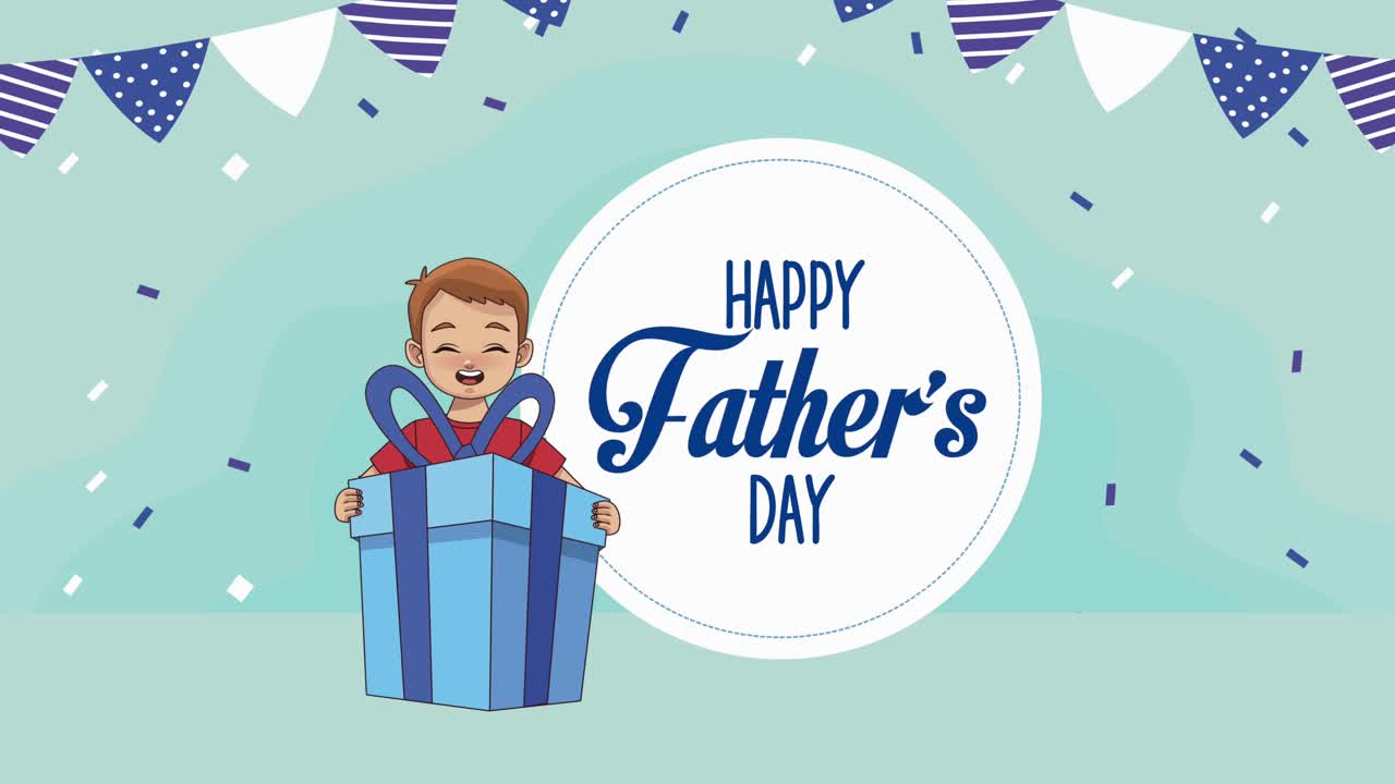 happy fathers day lettering with boy in gift and garlands