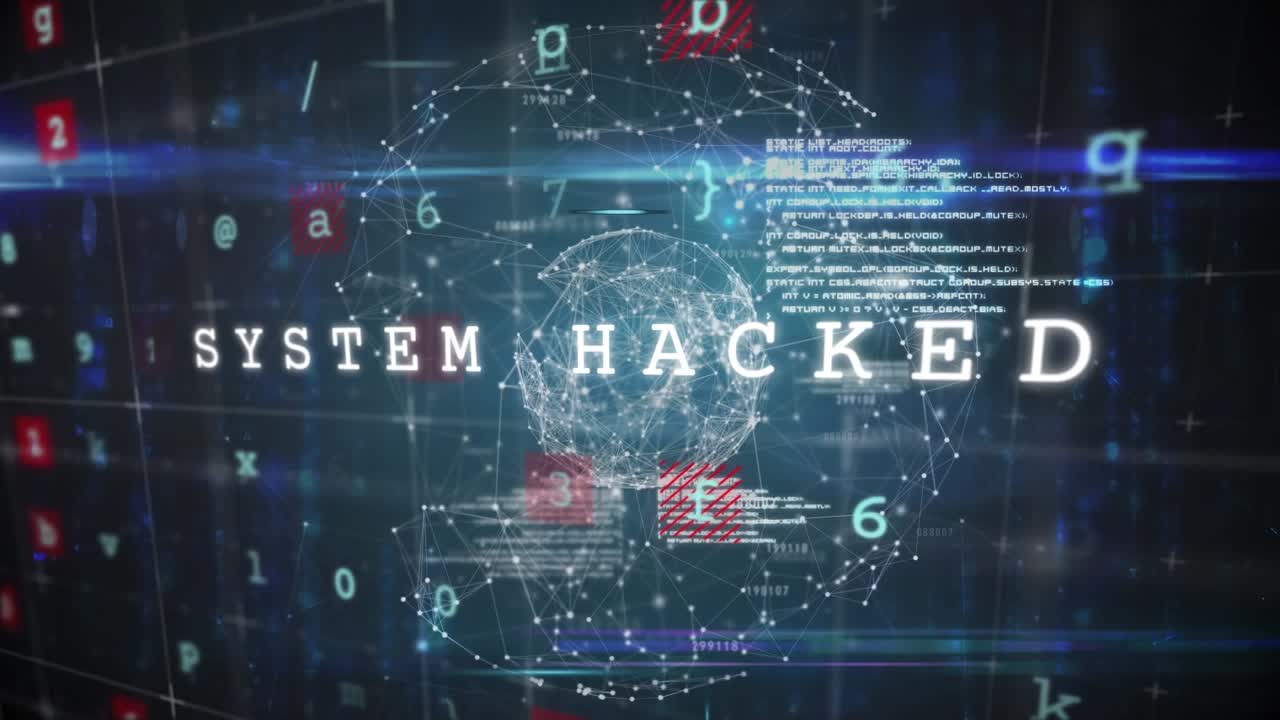 Animation of network of connections and digital interface and hacked text over dark background